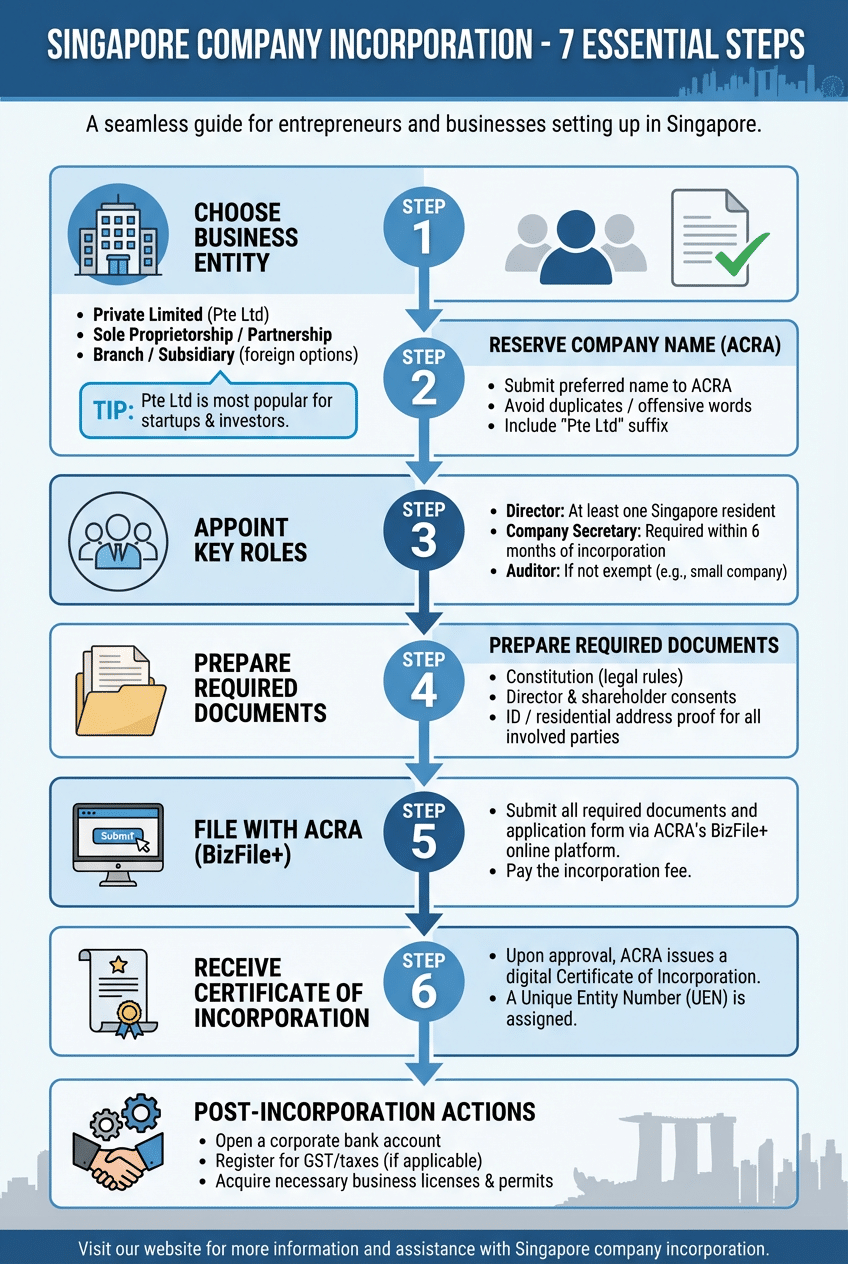Singapore company incorporation 7 essential steps — from choosing a business entity to post-incorporation setup with ACRA BizFile+