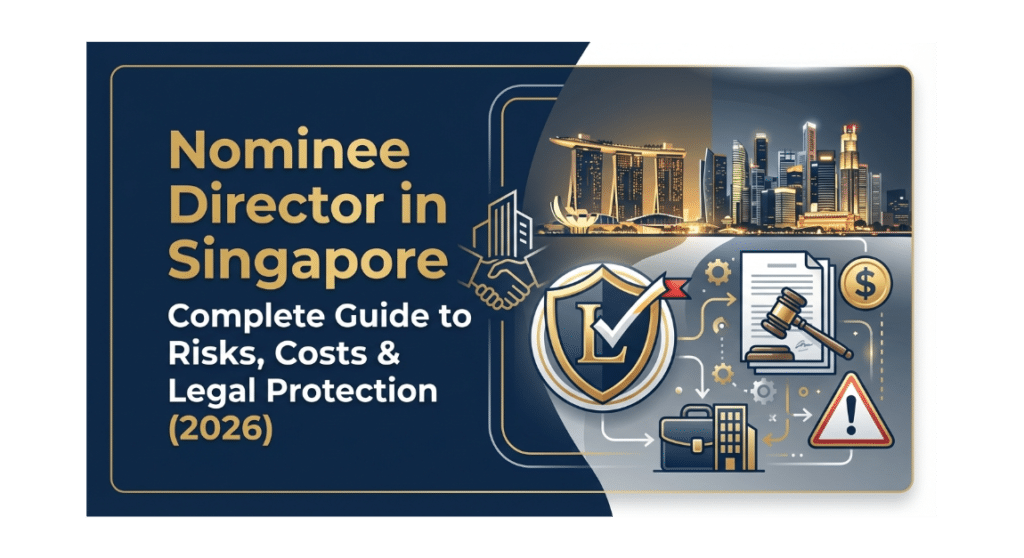 Nominee director Singapore - infographic showing risks, costs, and protection documents for foreign entrepreneurs