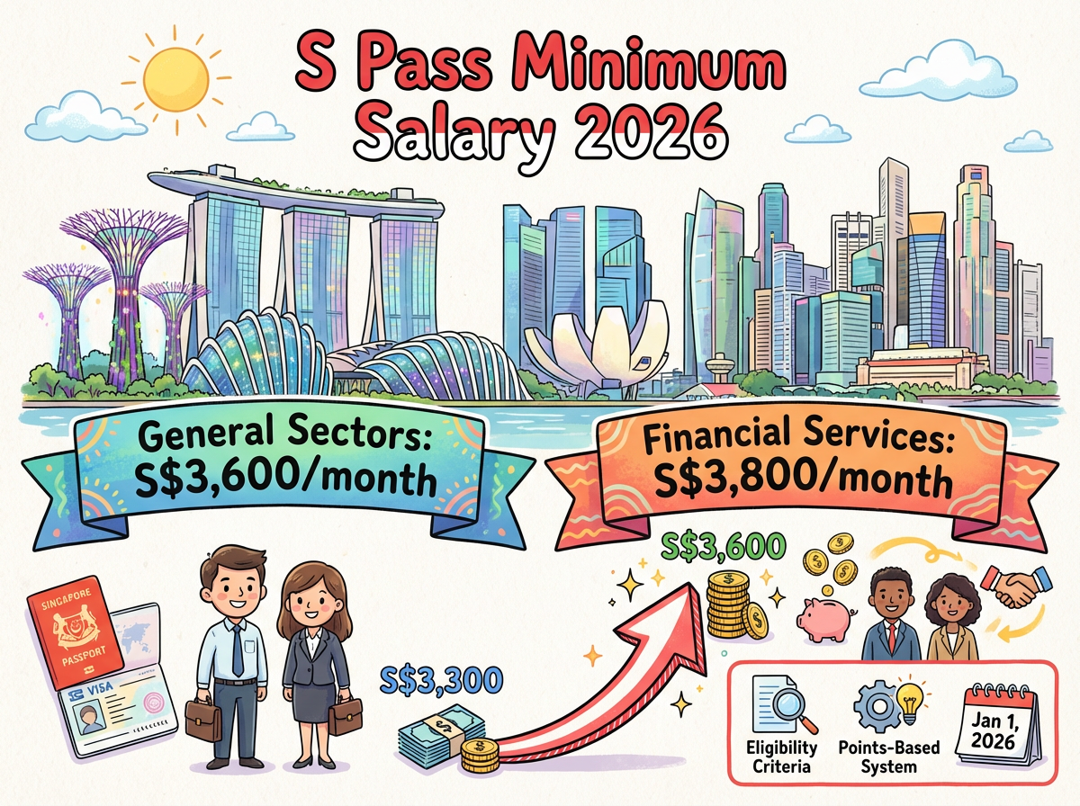 Infographic showing Singapore S Pass minimum salary increase to S$3,600 in 2026