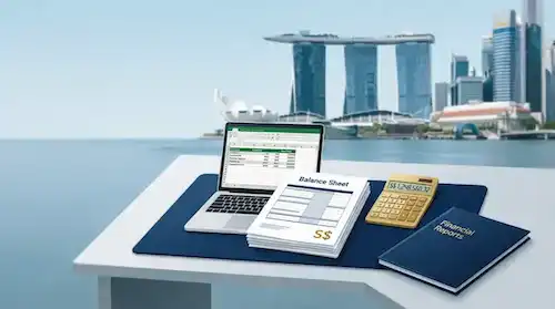 Unaudited financial statements Singapore - Balance sheet, calculator showing S$, and financial reports on desk with Marina Bay Sands skyline background